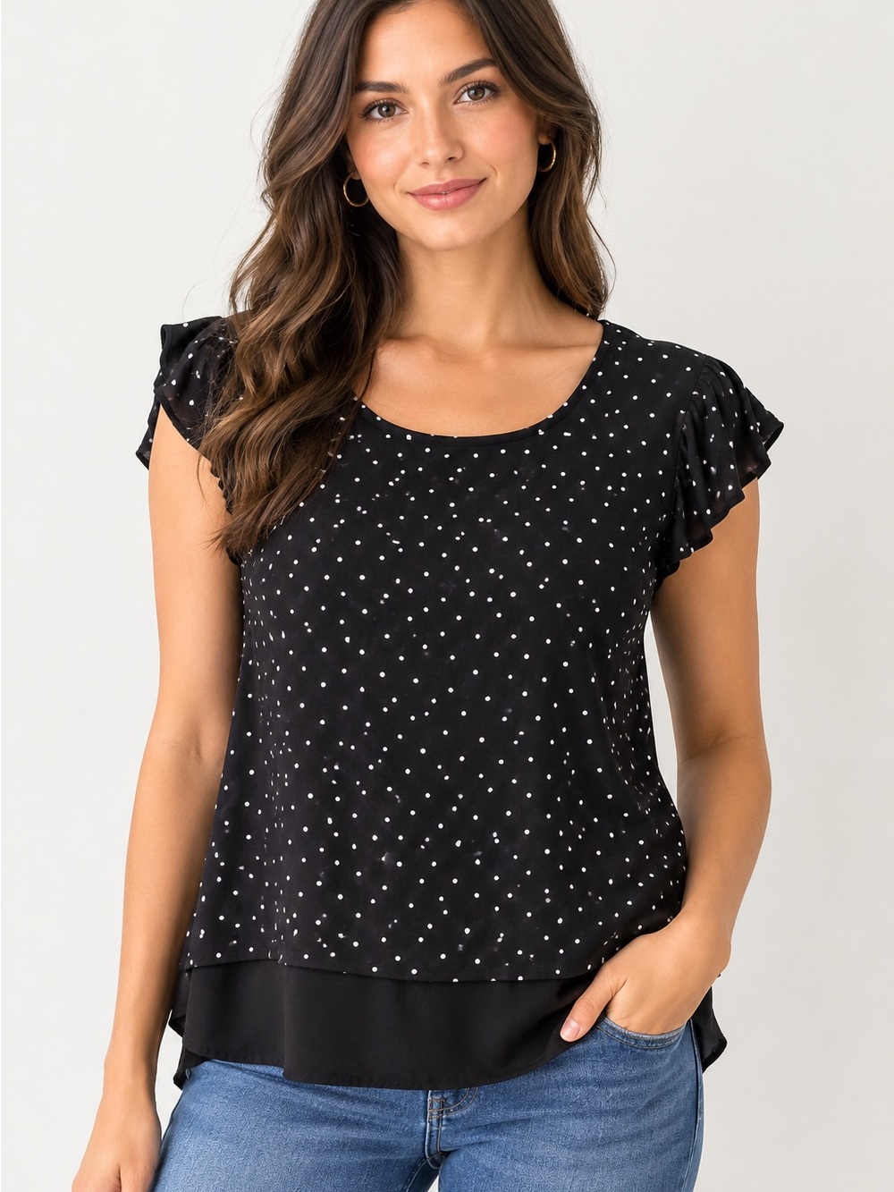 Adrianna Papell Black with White Polka Dot Layered Flutter Sleeve Top